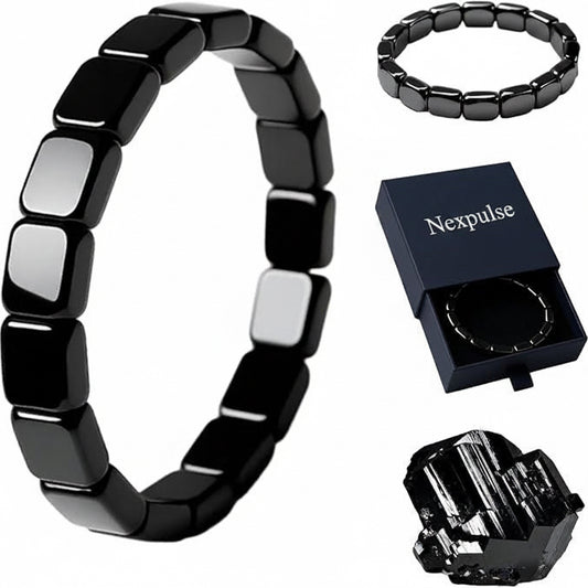 Nexpulse hematite bracelet, black mirror-polish beads on white background